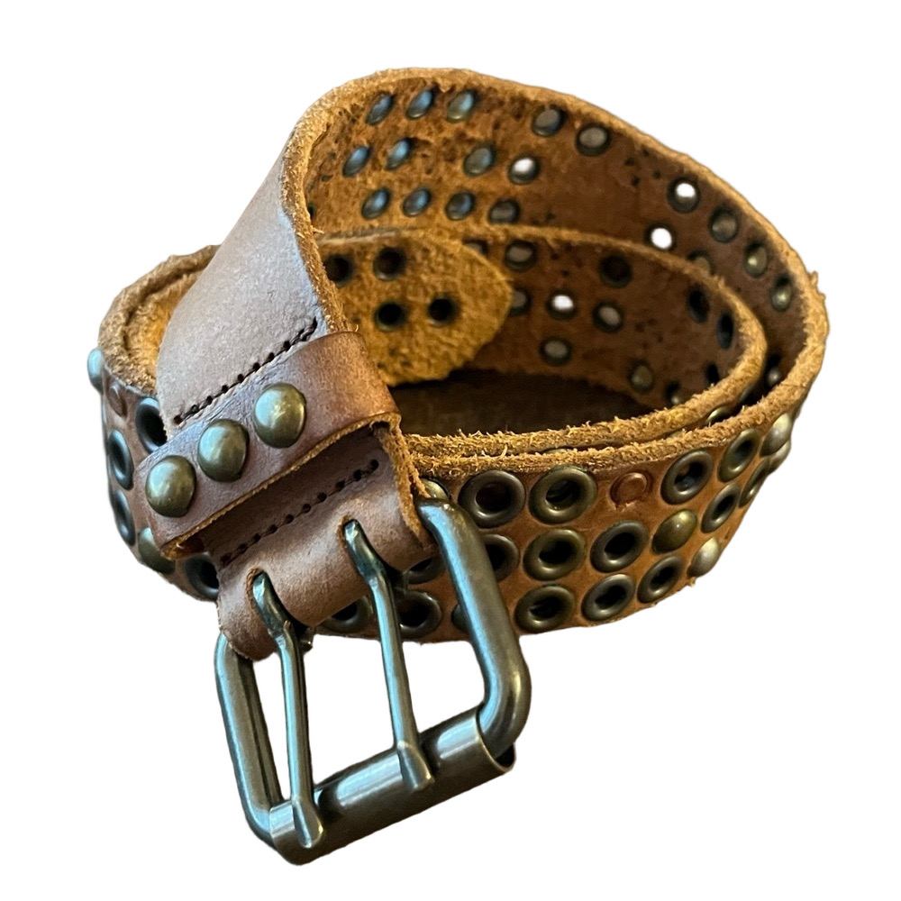 Vintage Y2K Grunge rocker punk 100% leather two prong buckle brown belt